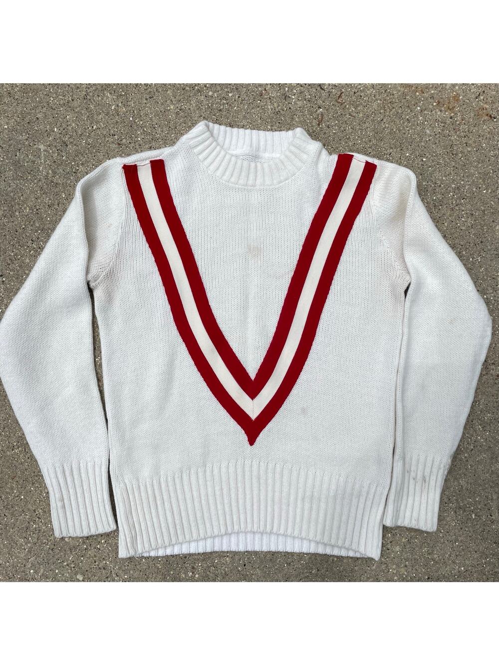 Vintage Tennis Cricket Sweater V Stripe Cream Red Old Money Cropped Womens XS